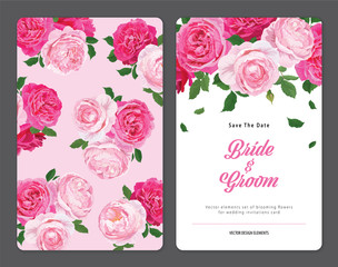 Wedding invitation card with pink roses flower in the background template. Vector set of blooming floral elements for design.