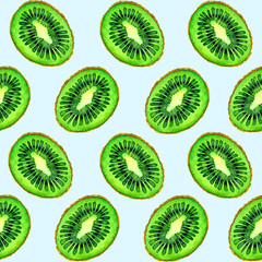 Fototapeta premium Kiwifruits halves slices, seamless pattern design, hand painted watercolor illustration, soft blue background