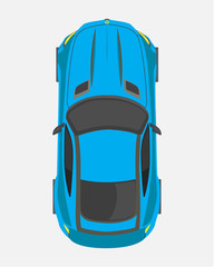 Blue sport car, top view in flat style isolated on a white background.