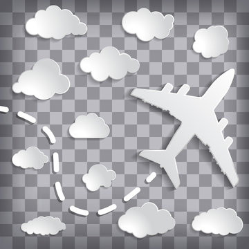 paper airplane with clouds on a chequered grey background.