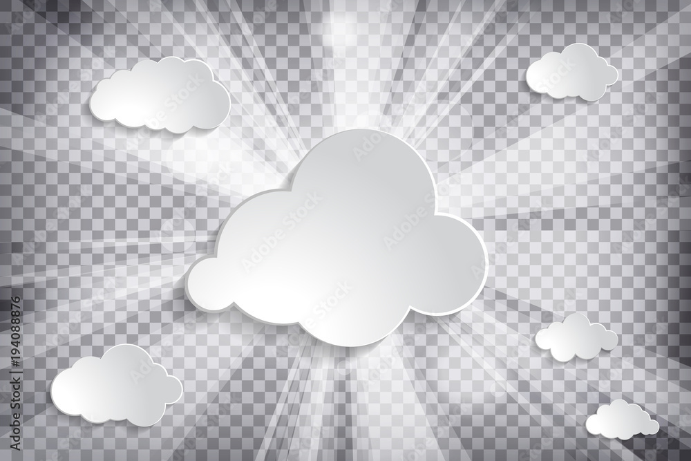 Poster clouds with sun and rays on a chequered background