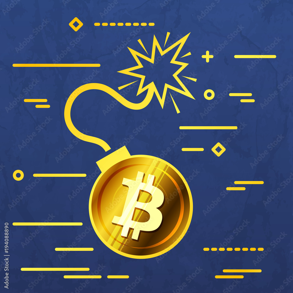 Poster flat line design graphic image concept of bitcoin bomb icon on a blue vector paper layer background