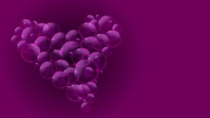 Romantic Geometric abstract purple background with heart made of tearful air bubbles or water drops. Vector illustration.