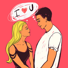 Happy couple, young beautiful blonde woman and man holding hands and looking to each other, I love you text. Vector romantic Valentine's day illustration.