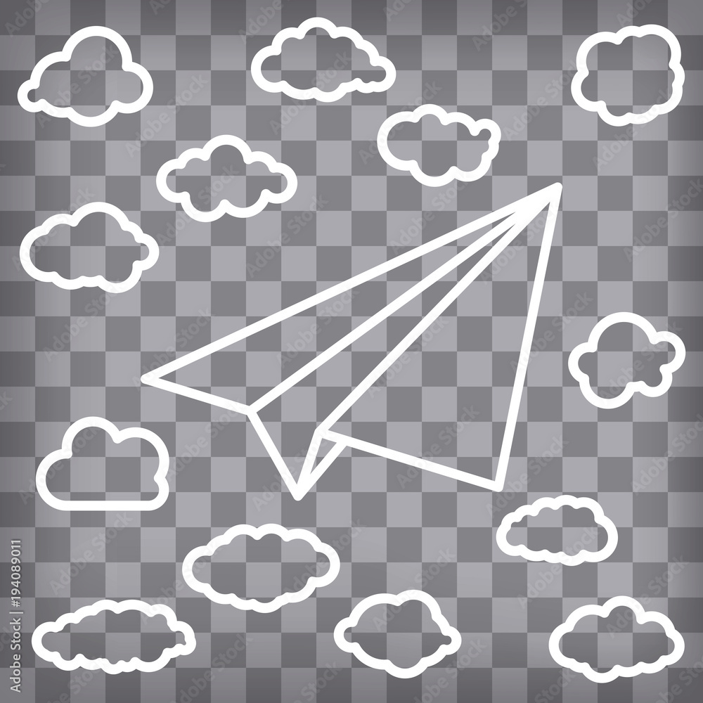 Poster white linear paper airplane with clouds on the chequered background