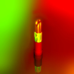 3D rendering, illustration, lipstick with a gold sleeve in red-green smoke