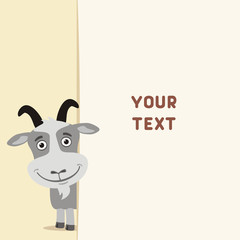 Funny goat looks out over the fields to text. Template with goat for cards, invitations or greetings