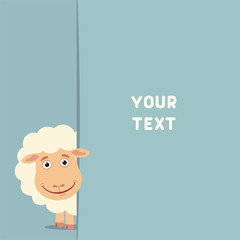 Funny sheep looks out over the fields to text. Template with sheep for cards, invitations or greetings © coolpay