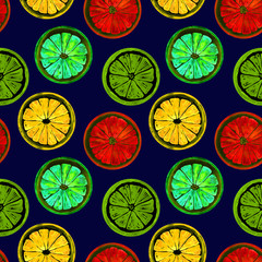 Grapefruit, orange, lime and lemon, bright neon colors palette, seamless pattern design, hand painted watercolor illustration, dark blue background