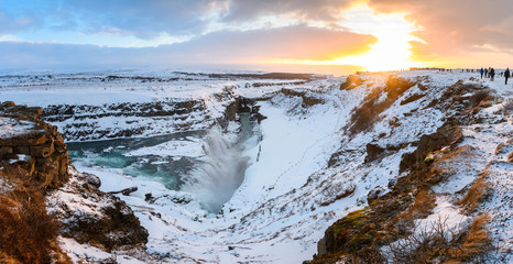 panoramic view of gullfoss waterfall on a winter sunny day