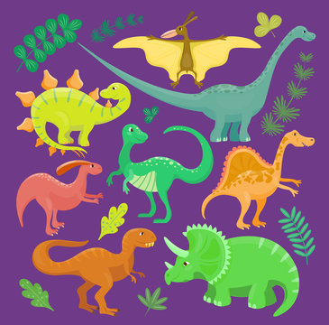 Dinosaur vector kid hand drawn cartoon style collection set illustration. Dino reptile cute monster funny animal and prehistoric character tyrannosaurus, brontosaurus, triceratops fantasy dinosaurs
