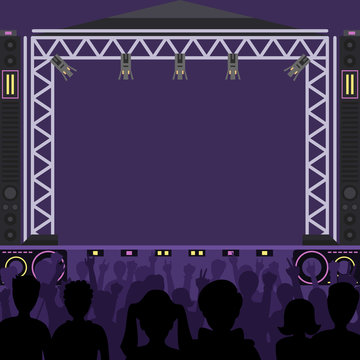 Concert stage scene vector music stage and night concert party. Young pop group fun zone people silhouette concert crowd in front of bright music stage lights. Pop artists group band scene