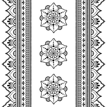 Henna tattoo flower template and seamless border. Mehndi style. Set of ornamental patterns in the oriental style.