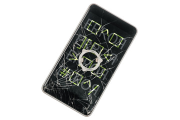 Modern broken phone with inscription ERROR on white background. Green symbols on screen. Piece of iron on display. Isolated.