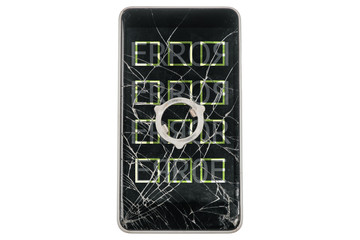Modern broken phone with inscription ERROR on white background. Green guad symbols on screen. Piece of iron on display. Isolated.