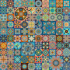 Seamless pattern with decorative mandalas. Vintage mandala elements. Colorful patchwork.