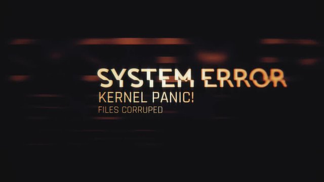 System error, kernel panic message flashing on screen, computer malfunction. Computer system crash, error message