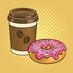 Coffee cup and donut pop art vector