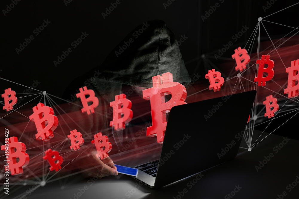Poster hacker man in the dark using computer to hack data and information system
