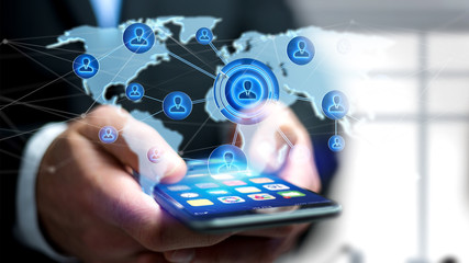 Businessman using a smartphone with a Network over a connected world map - 3d render