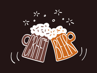 Two clink glasses mug of craft beer with foam. Inverse illustration on dark background