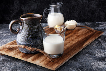 milk products - tasty healthy dairy products on a table sour cream in a bowl, cream and milk jar