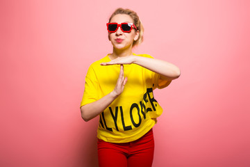 Blonde woman in bright clothes