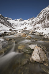 Long exposure of a creek in the Meiental in the Alps in central Switzerland