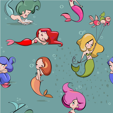 seamless pattern with cute cartoon mermaids