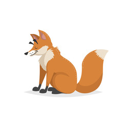 Obraz premium Cartoon cheerful sitting red fox. Forest Europe and North America animal. Flat with simple gradients trendy design. Education vector illustration.