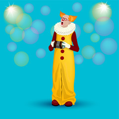Funny singing clown with an accordion on a turquoise background.For greeting cards, posters.Vector illustration