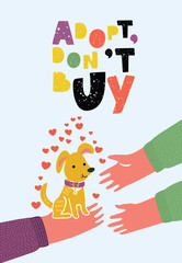 Vector cartoon illustration of young girl hugging dog. Human with dog in his hands. Hand drawn isolated objects in circle on purple background. International Homeless Animals Day. Adopt, don't buy.