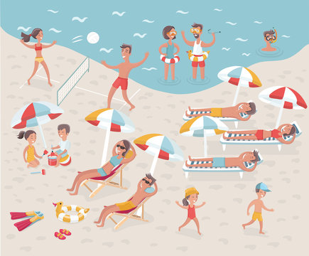 Beach: Cartoon Illustration Of Busy Beach. No Transparency And Gradients Used.