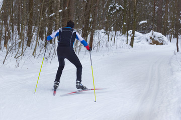 a man skier skating in a winter forest near trees
