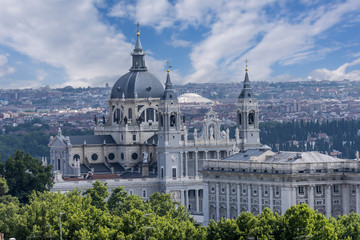Aerial view of the Almudena Cathedral and the Royal Palace of Madrid, Spain