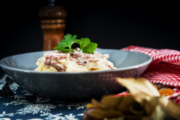 tasty Carbonara pasta on the table