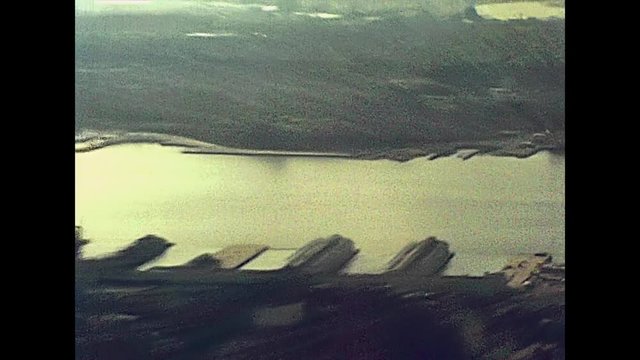 Archival Manhattan skyline aerial view from the top of Empire State Building. Hudson River of old New York city, United States of America in 1981. Vintage USA on 80s.