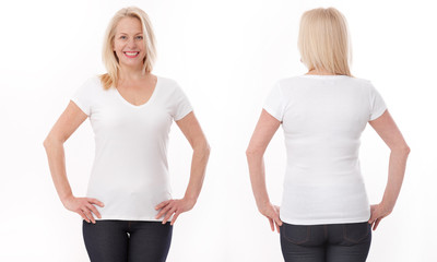 T-shirt design and people concept - close up of woman in blank white t-shirt, shirt front and rear isolated. Mock up.