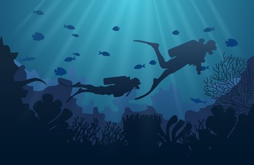 Fototapeta na wymiar Silhouette of diver, coral reef and underwater cave on a blue sea background. Vector illustration.