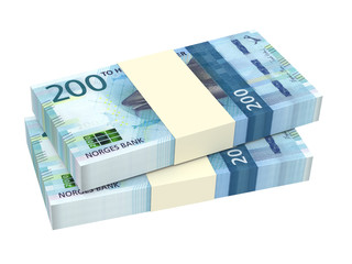 Norwegian krone bills isolated on white with clipping path. 3D illustration