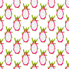 Seamless tropical pattern with bright sliced dragon fruit. Background with pitaya for design fabric, wrapping paper and wallpaper