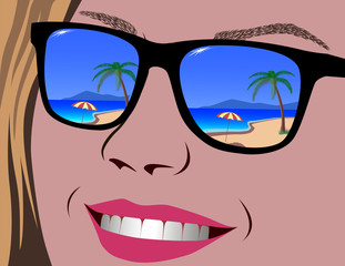 Sunglasses reflection on the beach, happy face.