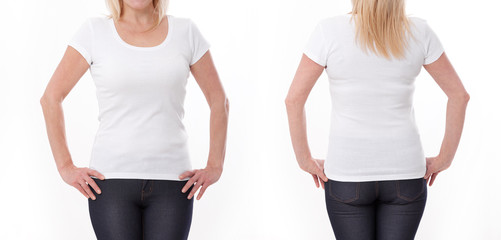 T-shirt design and people concept - close up of woman in blank white t-shirt, shirt front and rear isolated. Mock up.