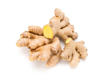 Ginger bio and lemon on white background.