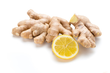 Ginger bio and lemon on white background.