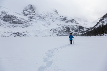 Fototapeta na wymiar Adventurous girl snowshoeing in Joffre Lake, British Columbia, Canada.