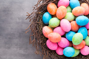Easter colored eggs on the vintage background.