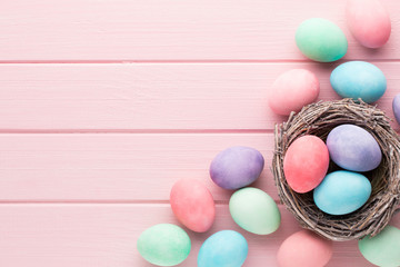 Pastel Easter eggs background. Spring greating card.