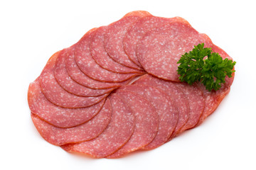 Salami slices isolated on white background.