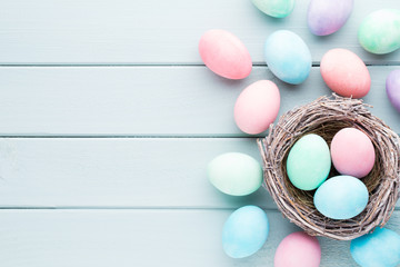 Pastel Easter eggs background. Spring greating card.